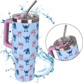 Disney Stitch and Angel Grote thermische mok met deksel en metalen rietje, roestvrij staal, reismok 1,18l