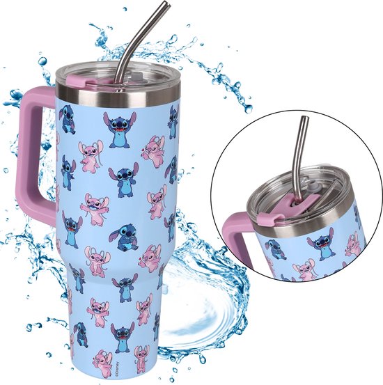Foto: Disney stitch and angel grote thermische mok met deksel en metalen rietje roestvrij staal reismok 1 18l
