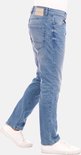 Lichtblauwe jeans met rechte pasvorm, getoond vanaf de zijkant.