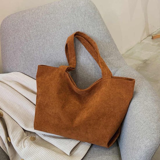 Sans Citron - Sac à bandoulière en velours côtelé - Sac fourre-tout - Velours côtelé - Étudiants - École - Travail - Voyages - Shopping - Fermeture éclair - Geen accessoire inclus - Marron
