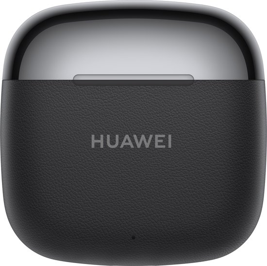 Zwarte Huawei oplaadcase met een getextureerd oppervlak en glanzend deksel.