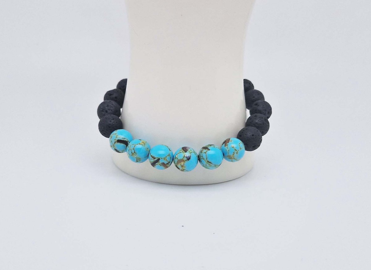 Handgemaakte "Armband Vulkanische" natuurstenen armband “Lava Donker -Turkoois bakeliet ” - 10 mm diameter van de korrel- Diameter armband 20 cm - Een mooi cadeau voor familie en vrienden