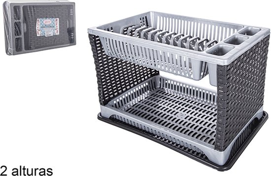 CM Afwas afdruiprek 2-Laags - grijs rotan - 44 x 30 x 27 cm - Afwasrek - kunststof