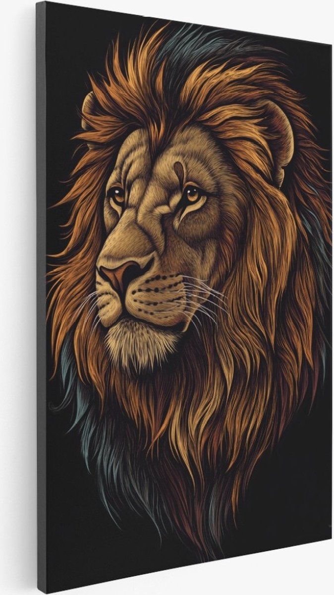 Saammp Canvas Schilderij - Leeuw met kleurrijke manen - Natuur - Dieren - 30x40 - Foto op canvas - Wanddecoratie - Muurdecoratie Woonkamer - Slaapkamer decoratie - Canvas Print Multicolor