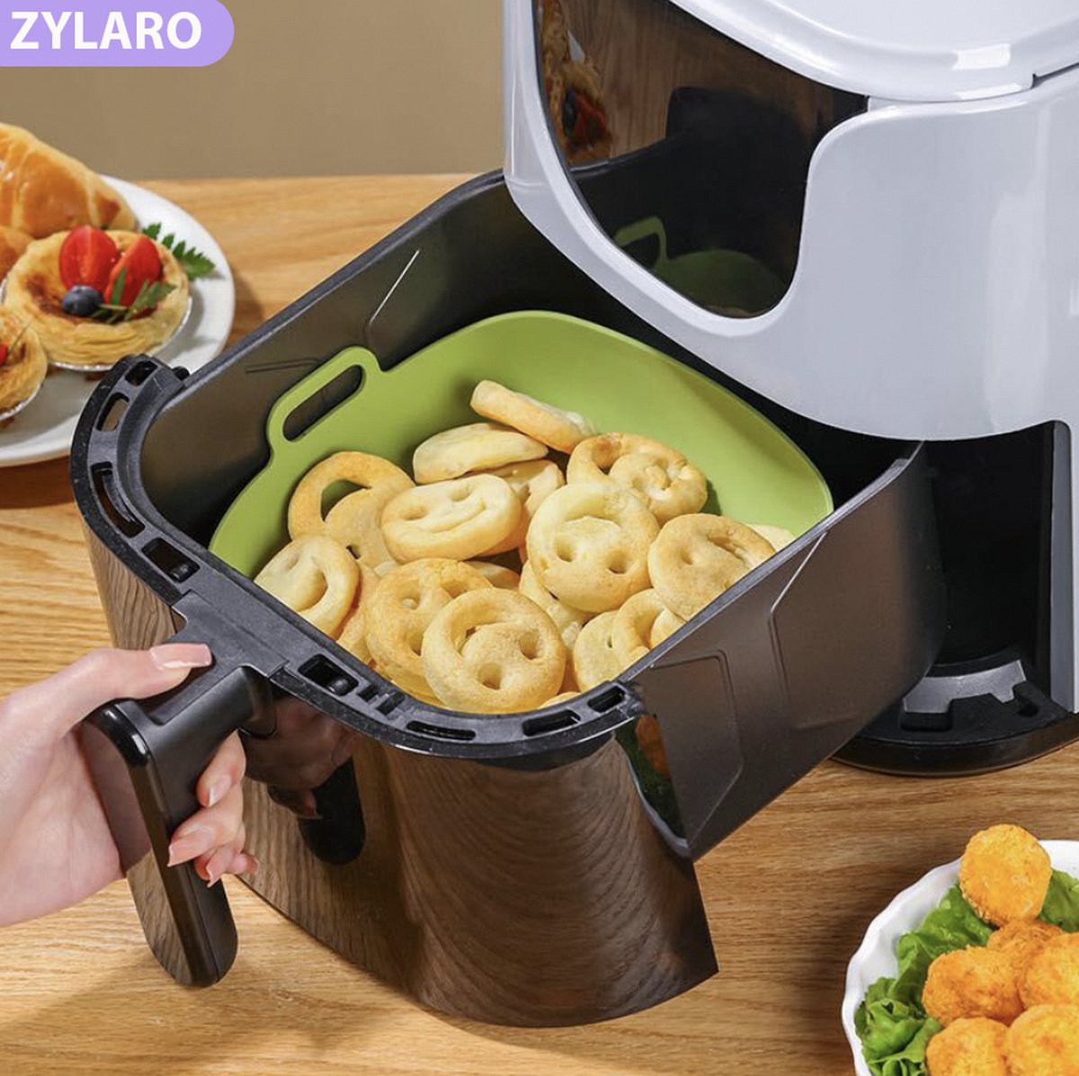 ZYLARO Siliconen Airfryer Bakjes - Airfryer Accesoires - 2 Stuks XL - Vierkant - Bakpapier Alternatief - 100% BPA Vrij - 20CM - Groen en Geel — afbeelding 3