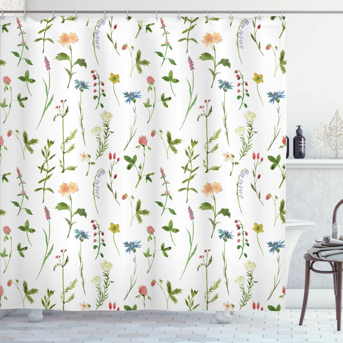 New Bed Bloemmotief Kruidenbloemen aquarel Douchegordijn Badkamer Decor Set met Haakjes, 180 cm B 200 cm L