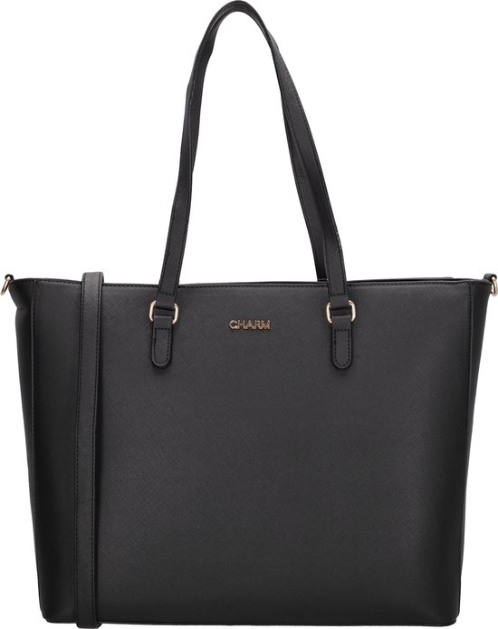 Zwarte shopper tas met gouden details, 'CHARM' logo en schouderband.