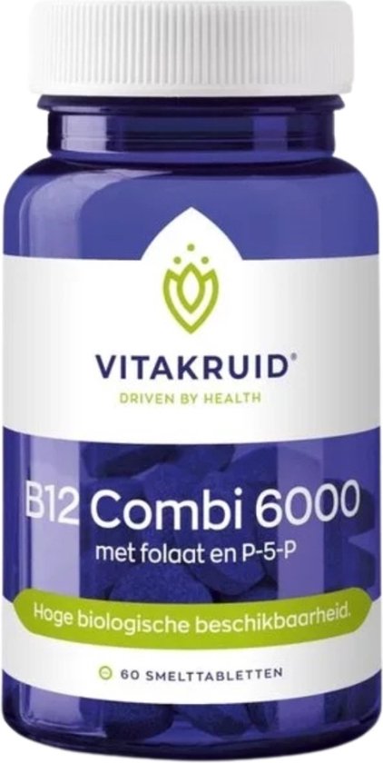Donkerblauwe pot met witte dop, etiket met logo 'Vitakruid', 'B12 Combi 6000', 'met folaat en P-5-P'. Groene band met 'Hoge biologische beschikbaarheid'. 60 smelttabletten.