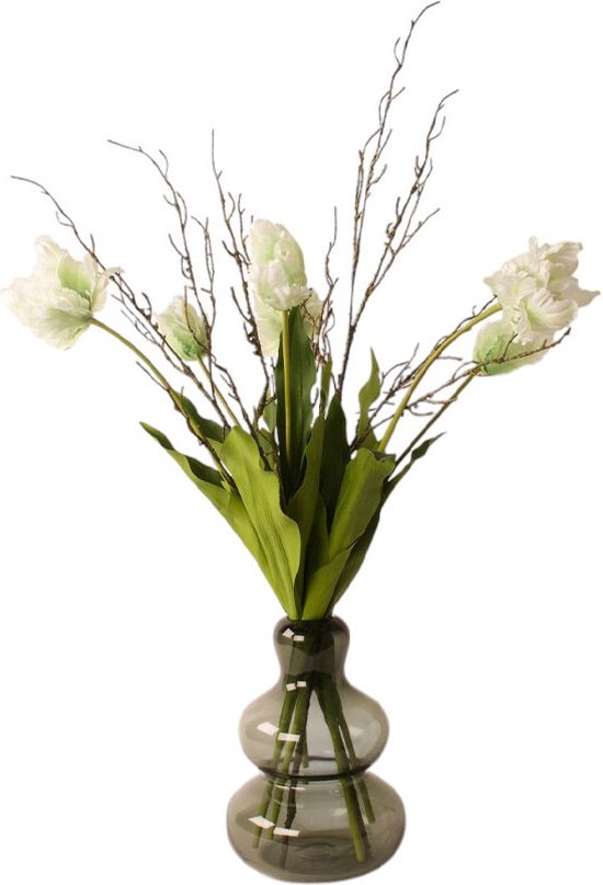 WinQ-Kunstboeket Witte Papagaai Tulpen met Twig Takken-hoogte 70cm-zijden bloemen-Tulpen