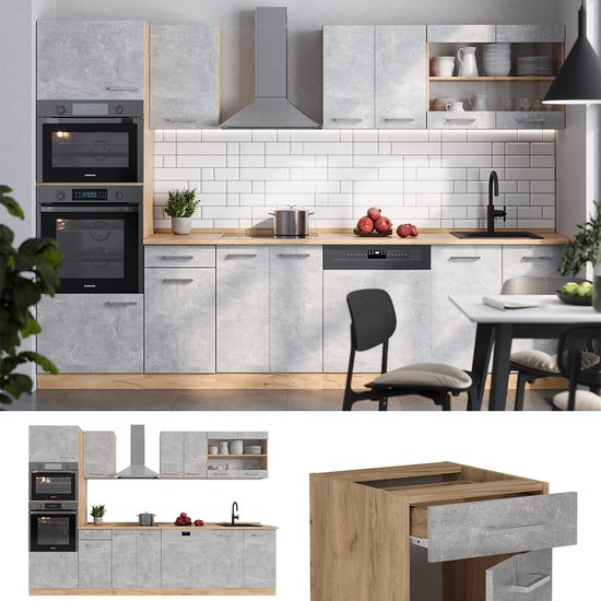 Cuisine Intégrée Vicco R-Line 300 Cm – Couleur Béton, Panneaux Plaqués, Neuve
