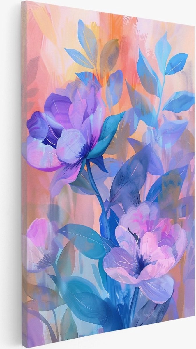 Saammp Canvas Schilderij - Paars blauwe bloemen - Abstract - 60x90 - Foto op canvas - Wanddecoratie - Muurdecoratie Woonkamer - Kantoor Decoratie Multicolor