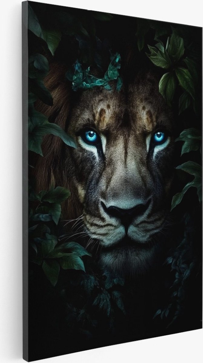 Saammp Canvas Schilderij - Leeuw met blauwe ogen en planten - Dieren - Abstract - 30x45 - Foto op canvas - Wanddecoratie - Muurdecoratie Woonkamer - Slaapkamer decoratie - Canvas Print Multicolor