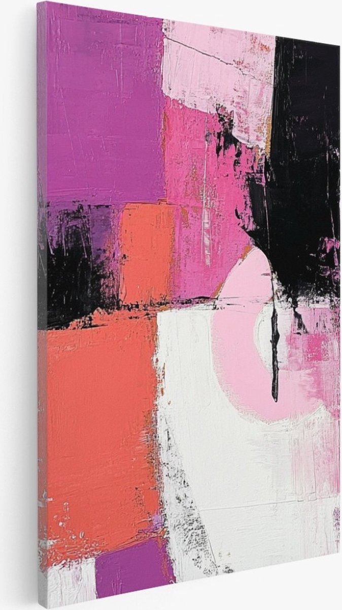 Saammp Canvas Schilderij - Roze wit geblokt - Abstract kunstwerk - 80x120 - Foto op canvas - Wanddecoratie - Muurdecoratie Woonkamer - Slaapkamer decoratie - Canvas Print Multicolor