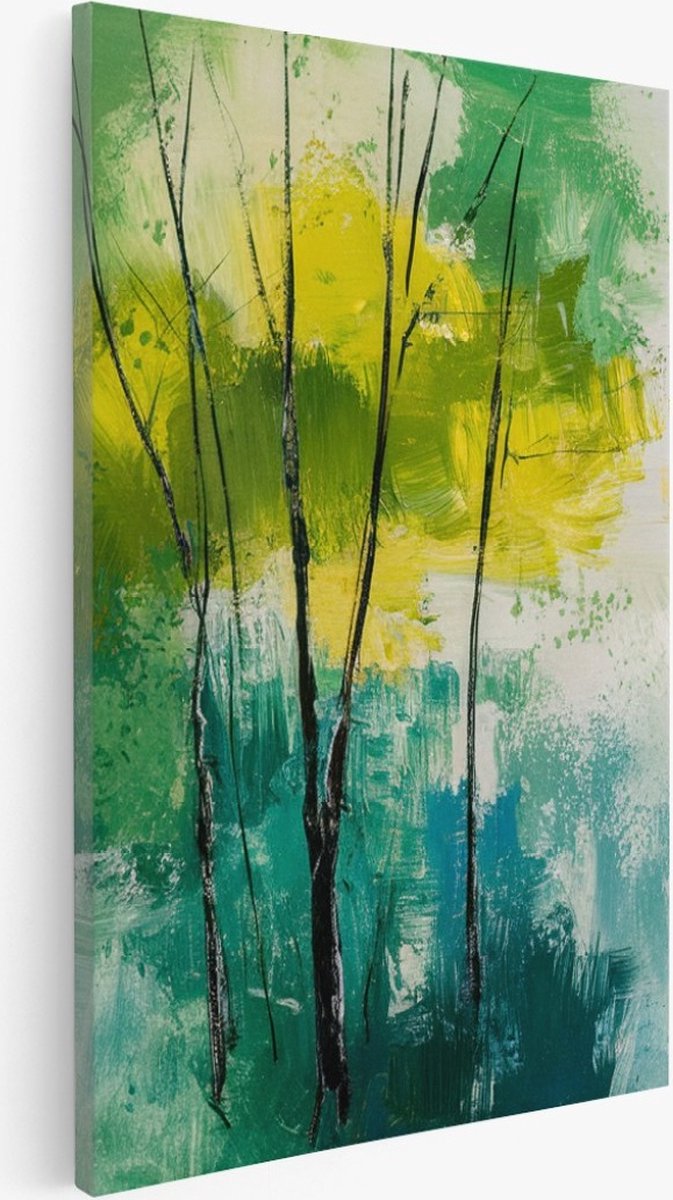 Saammp Canvas Schilderij - Bomen - Geel -Blauw - Groen - Bloemen - Landschap - Natuur - 80x120 - Foto op canvas - Wanddecoratie - Muurdecoratie Woonkamer - Slaapkamer decoratie - Canvas Print Multicolor
