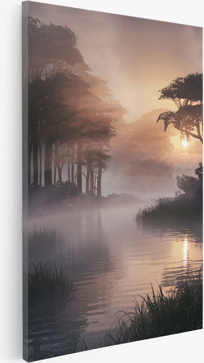 Saammp Canvas Schilderij - Water - mistig Landschap - Natuur - 30x45 - Foto op canvas - Wanddecoratie - Muurdecoratie Woonkamer - Slaapkamer decoratie - Canvas Print Multicolor