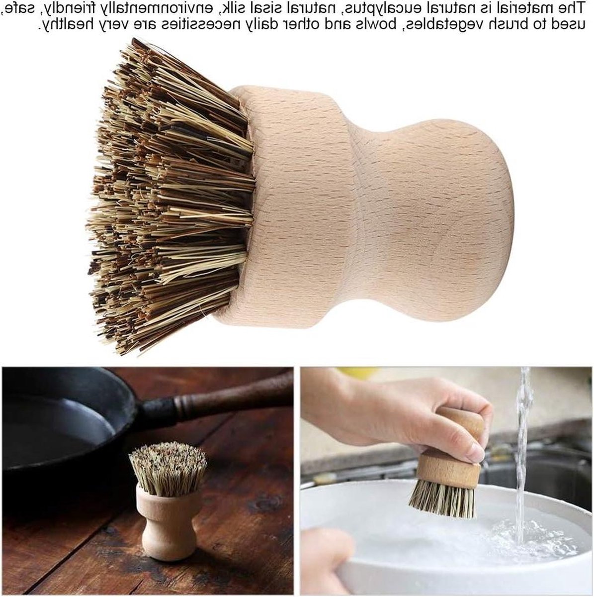 Palm Afwasborstel Set - Natuurlijke Vezel Kopborstel - Ronde Borstelset - Onbehandeld Beukenhouten Handvat - Keukengerei en Pannen .