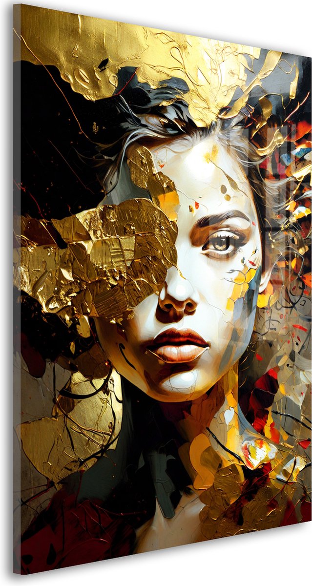 Wanddecoratie Metaal - Aluminium Schilderij Gouden Illusie Vrouw - 120 x 80 cm - Portret - Muurdecoratie woonkamer en slaapkamer - Inclusief ophangsysteem - Modern - Displate alternatief