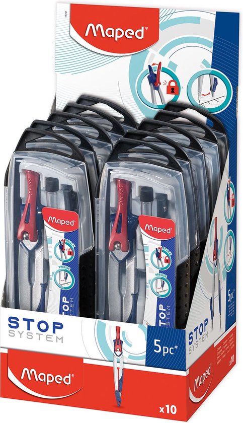 Doos met 10 Maped 'Stop System' passers, elk in een koffer, rood/wit/blauw.