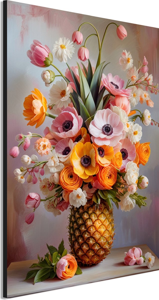 Wanddecoratie Metaal - Aluminium Schilderij Zomerse Bloemexplosie - 60 x 40 cm - Ananas - Muurdecoratie woonkamer en slaapkamer - Inclusief ophangsysteem - Kunstzinnig - Modern - Displate alternatief
