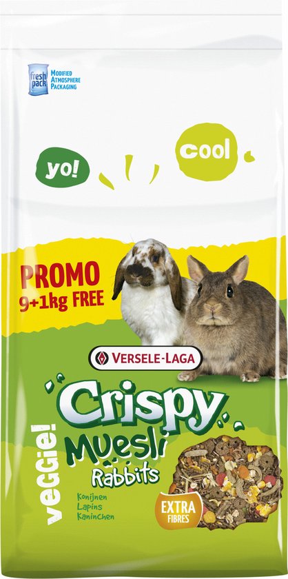 Verpakking van Versele-Laga Crispy Muesli Konijnen, 9kg + 1kg gratis, met afbeelding van twee konijnen.