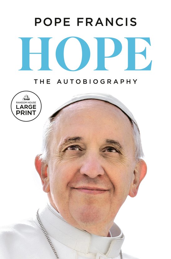 Boekomslag van 'HOPE The Autobiography' van Paus Franciscus, met een portret van hem met een grote glimlach.