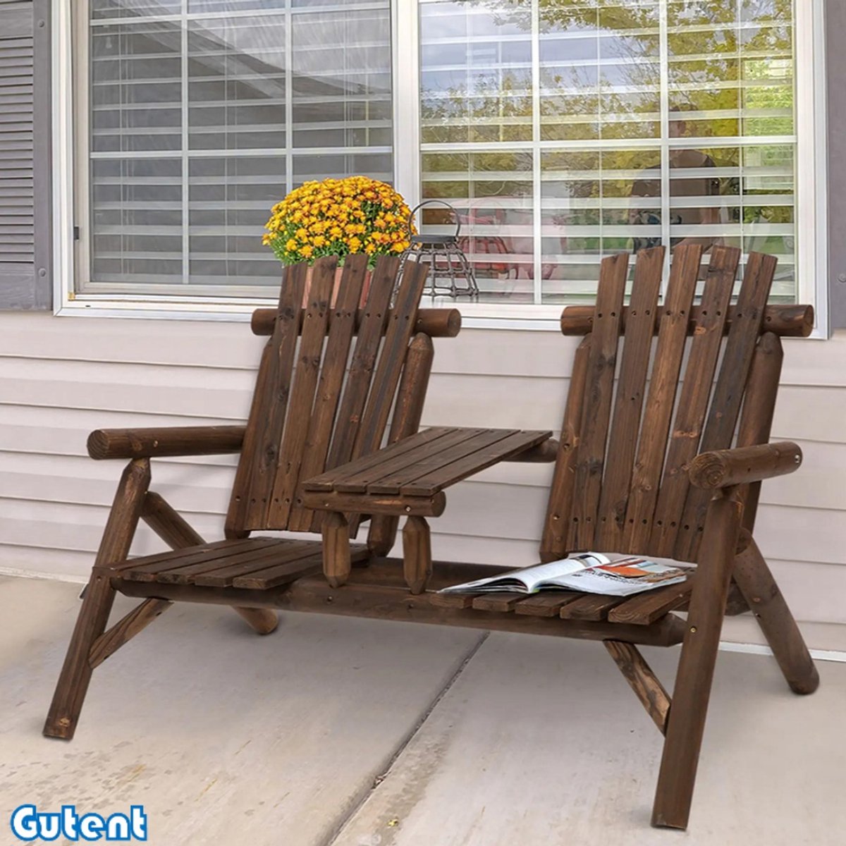 Gutent Tuinbank - met Tafel - Tuinmeubilair - 2 Stoelen - Massief Hout - Bruin - 157 x 88 x 103 cm