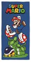 Serviette de plage bleue avec Mario qui saute, des plantes Piranha et un Koopa Troopa.