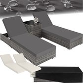 tectake® - 2 Luxe ligbedden - 3-Delige wicker ligbedden set met aluminium frame - Tuinmeubelset met 2 ligbedden - Inclusief bijzettafel, kussens en 2 hoezensets - 5-standen tuinstoel - grijs