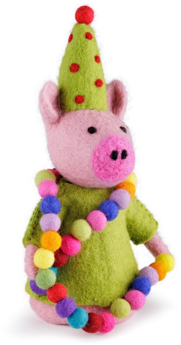 Wolvilt Feestvarken met Feestmuts en Slinger Groen - Kleine Handpop/Eiwarmer - Handmade&Fairmade Homedeco - 24cm — afbeelding 3