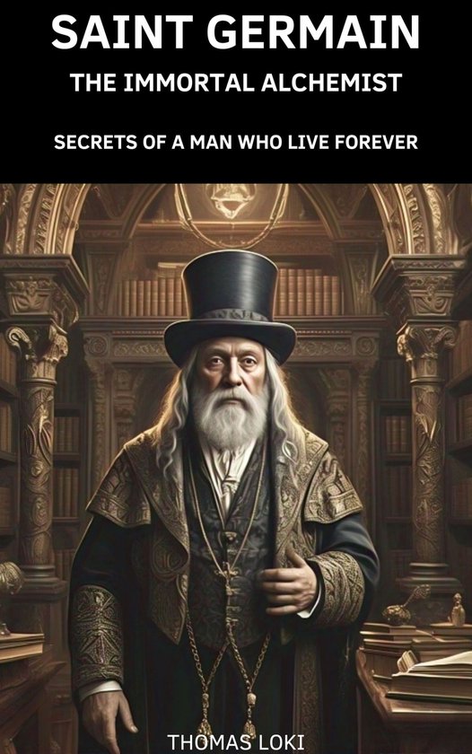 Couverture d'un livre intitulé 'SAINT GERMAIN THE IMMORTAL ALCHEMIST'. Un vieil homme à la barbe grise et aux longs cheveux gris porte un chapeau noir, un gilet noir et une veste dorée ornée de motifs.