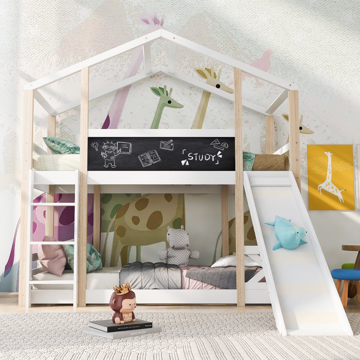 Merax Kinderbed Boomhut met Glijbaan & Ladder 90x200 cm, Hoogbed voor Kinderen-2x Lattenbodem-Natuur & Wit