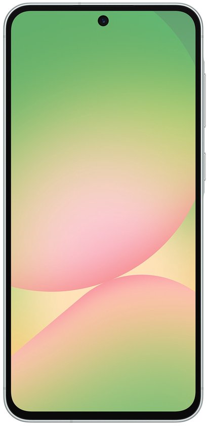 Lichtgroene Samsung Galaxy A56 5G met een scherm met een kleurverloop van groen naar roze en geel.