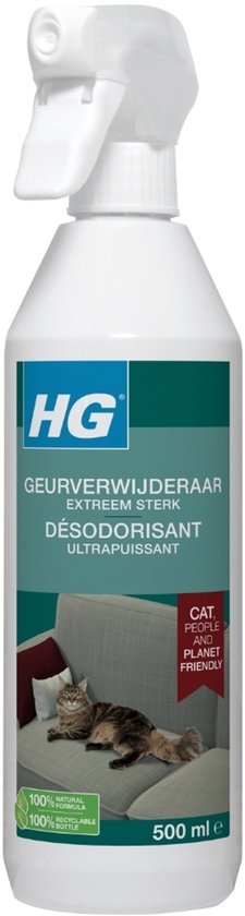 Witte HG spuitfles met "HG geurverwijderaar extreem sterk" en een kat op een bank.