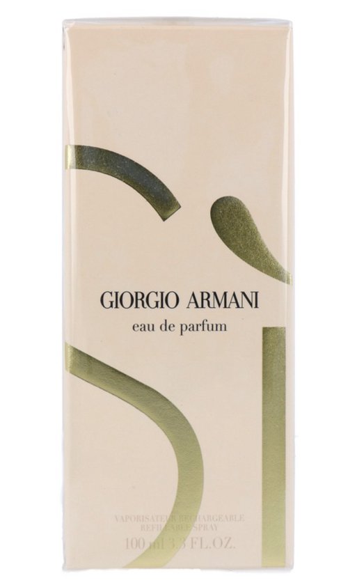 Doosje voor Giorgio Armani eau de parfum met gouden S-vormige decoratie.