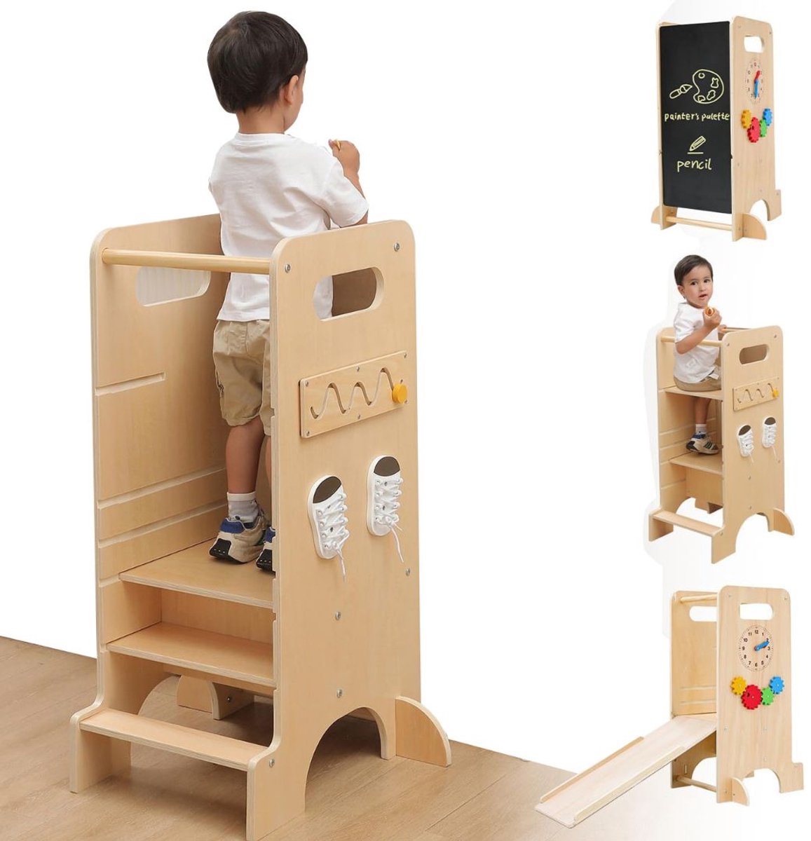 ApexArte® Leertoren Opvouwbaar - Keukenhulp Kinderen - Kinderspeelgoed 3 Jaar - Montessori - Natuurlijk