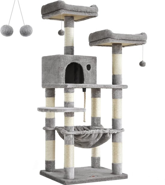 Krabpaal voor Katten - 143 cm - Met Hangmat, 2 Uitkijkplateaus - Grijs
