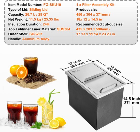 VEVOR 26,7 Liter Drop-In Ijsbox, 456x304x371mm Roestvrijstalen Ijskoeler, CommerciëLe Ijscontainer met Schuifdeksel, Ingebouwde Ijsopslagkist, Afvoerpijp en Afvoerplug Inbegrepen van Merkloos — afbeelding 3