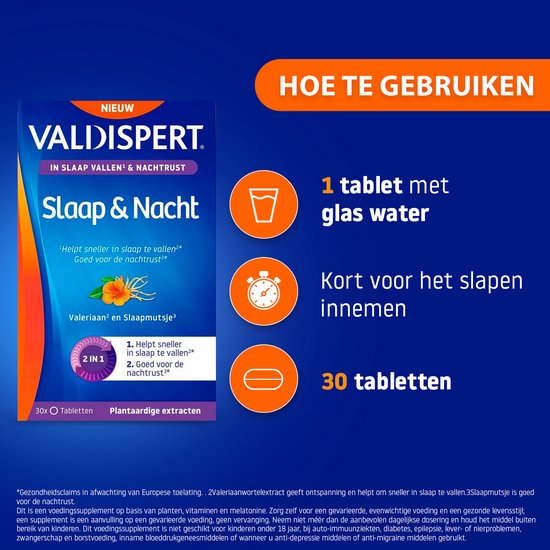 Valdispert Slaap & Nacht - Valeriaanwortel helpt om sneller in slaap te vallen* en Slaapmutsje helpt om lekker te slapen* - 30 tabletten