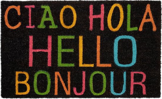 Tapis de porte noir avec 'CIAO HOLA HELLO BONJOUR' en lettres multicolores.