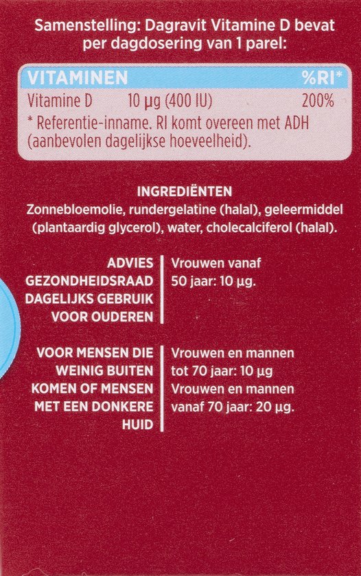 Dagravit Vitamine D 10µg parels - Ondersteunt het behoud van sterke botten en een sterk gebit - Goed opneembaar door de oliebasis - 100 parels