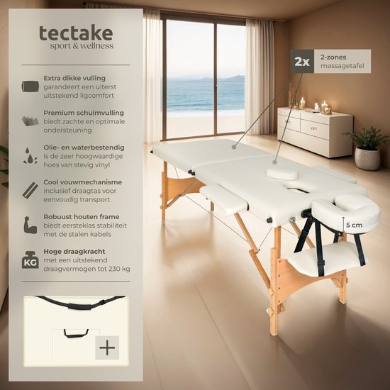 tectake® Massagetafel - 2 Zones, Opvouwbare en Draagbare Massagetafel met 5 cm Vulling, In Hoogte Verstelbaar, Mobiele Massagebank met Houten poten en Accessoires, Draagtas - Beige