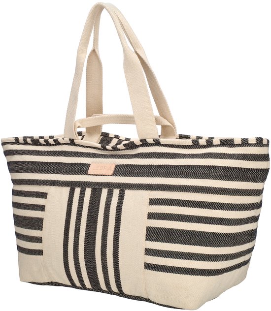 Grote XL strandtas met beige basis en zwart gestreepte patronen. Twee hengsels en een roze label met 'PE-Florence'.