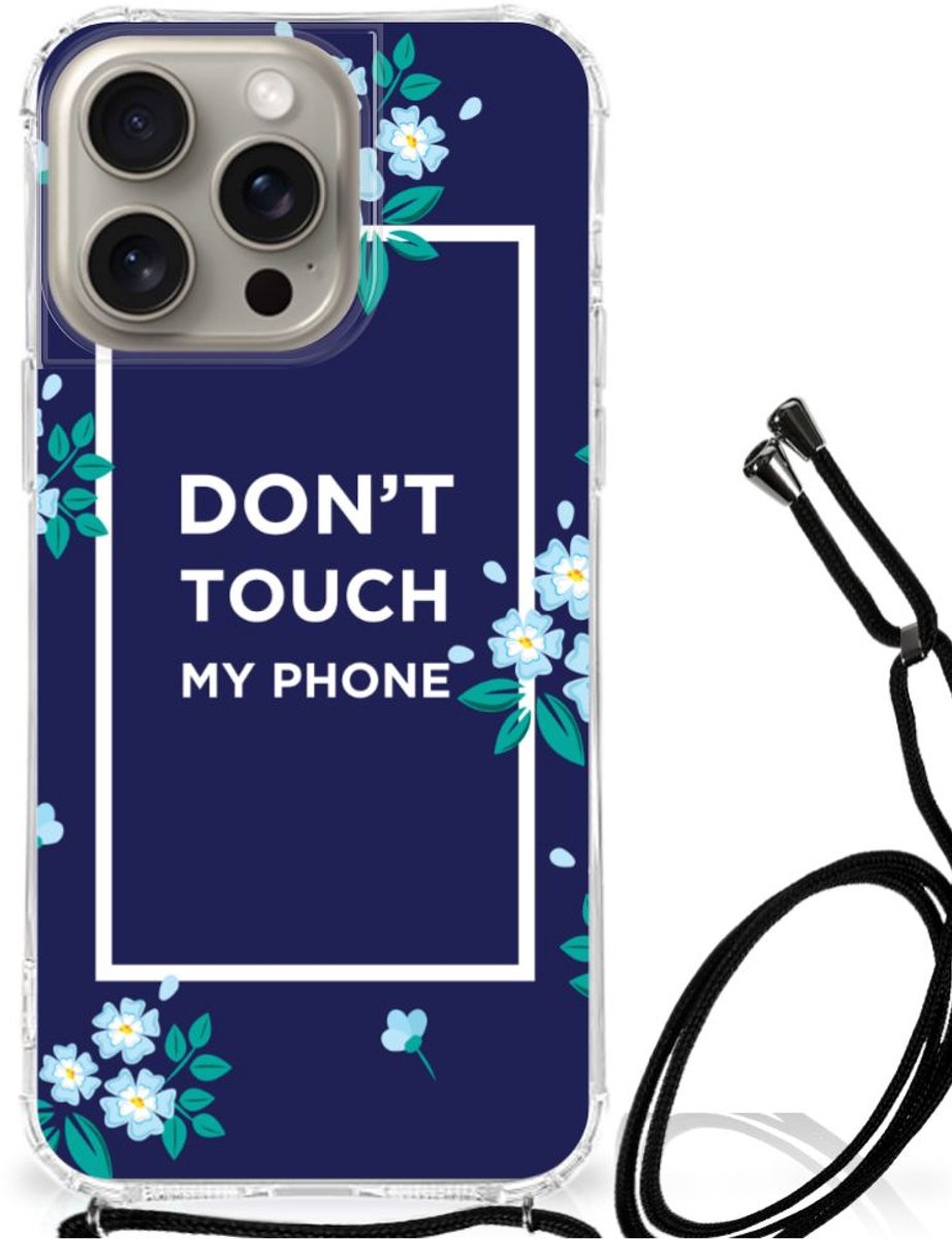 TPU Case Anti-Shock met Koord voor iPhone 15 Pro Max Anti Shock Case Flowers Blue DTMP