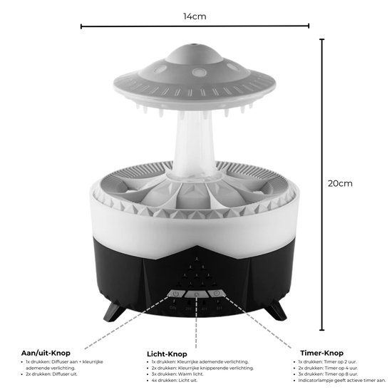 Grijze UFO-aroma diffuser met oranje gloed, met afmetingen 14x20cm en bedieningsknoppen.