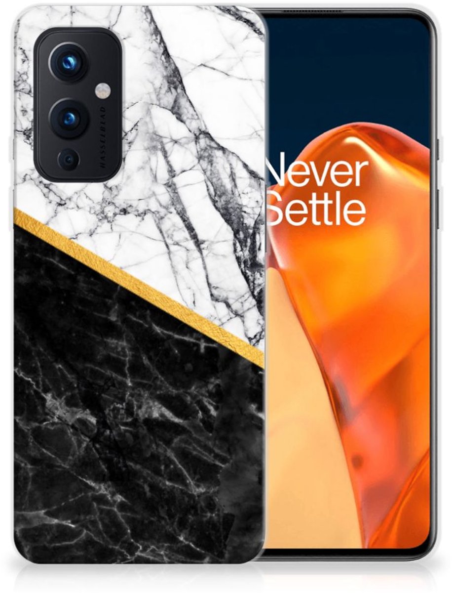 OnePlus 9 TPU Siliconen Hoesje Marmer Wit Zwart - Origineel Cadeau Man