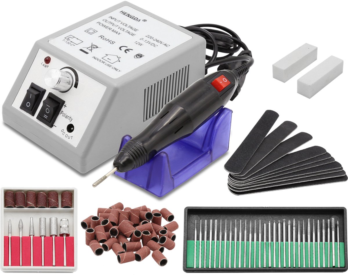 Elektrische Nagelvijl Set - Nagelfrees - Elektrische Manicure en Pedicure set - 20000 RPM PRO Desktop - 6x standaard schuurkappen - Links- en rechts draaiend - Grijs - voor Manicure & Pedicure - Pedicureset