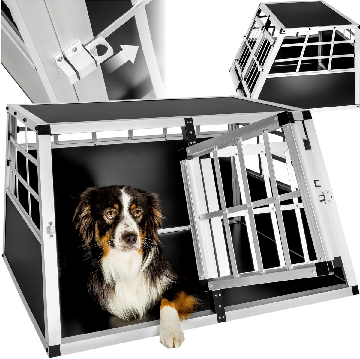 tectake® Dubbele Hondenbench – Aluminium Transportbox met Trapeze Vorm, Lichtgewicht en Stevige Constructie, Ideaal voor Veilige Ritten en Comfort voor je Hond – 89 x 69 x 50 cm