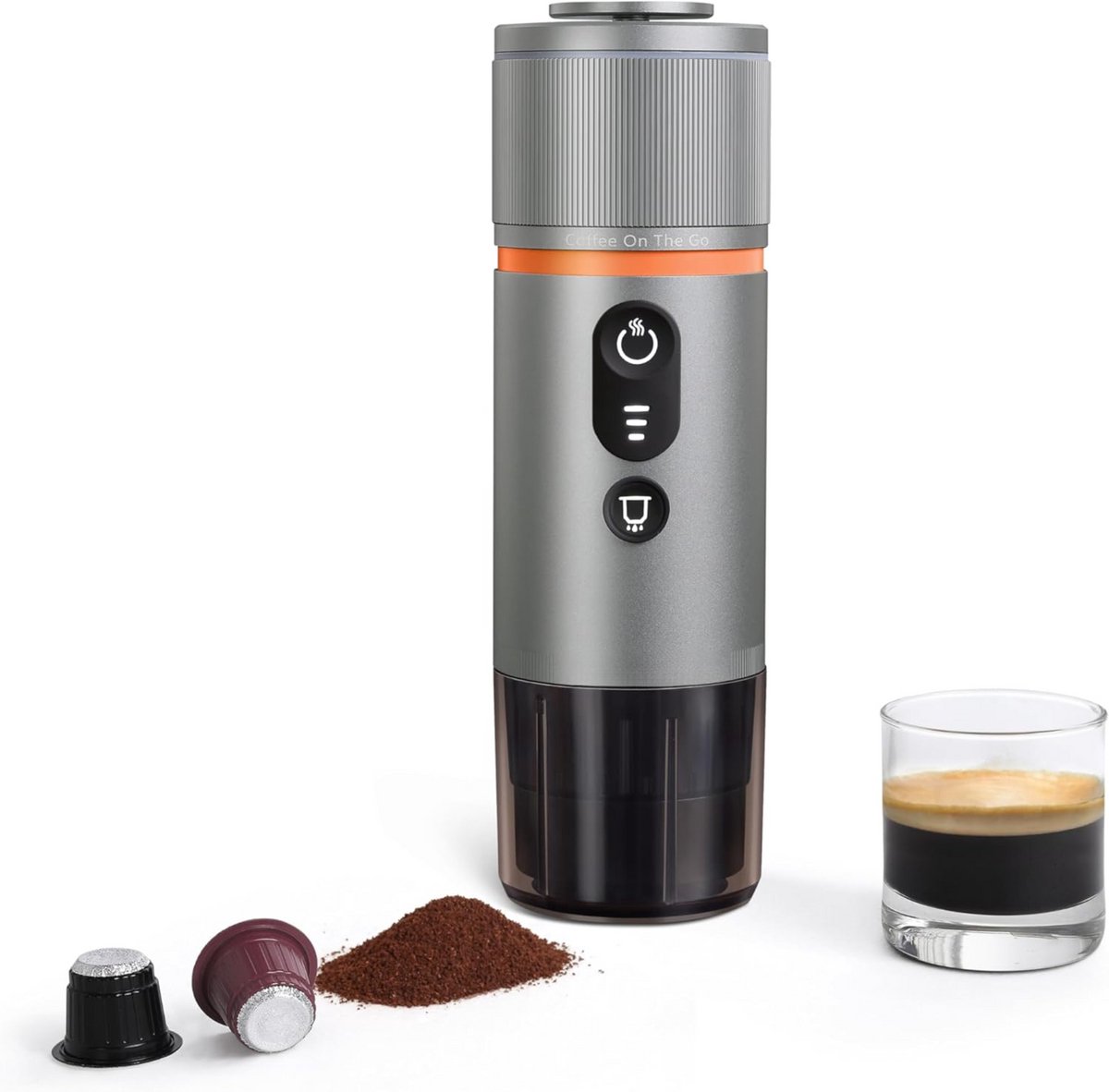 Draagbare Espressomachine - Oplaadbaar - 12V - Capsules - 3 min Opwarming - Voor Reizen & Camping - Zilver
