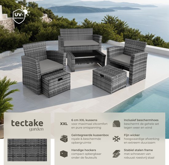 tectake® - wicker tuinzitgroep voor 4 personen met kruk, poly rotan tuinmeubelset met ingebouwde opbergbox in de bank - grijs - incl. beschermhoes