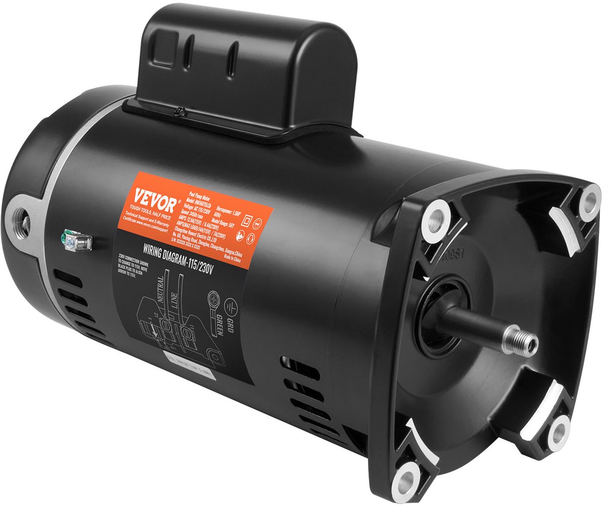 VEVOR Zwembadpomp Motor – 1.5 PK, 56Y Frame – 115V/230V, 3450 RPM, 60Hz – Vierkante Flens Vervangingsmotor